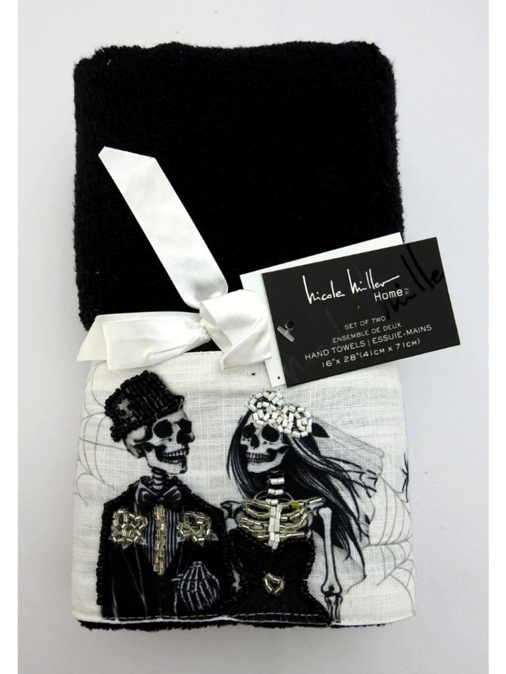 Nicole Miller Home Halloween Hand Towels Set 2 Skeleton Witch Beaded NWT